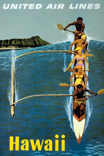 Hawaii: Vintage Travel Poster For United Air Lines To Hawaii, Showing People Paddling An Outrigger Canoe, Circa 1960 by Stocktrek Images