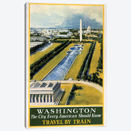 Vintage Travel Poster For Washington DC, Travel By Train, Circa 1930 Canvas Print #TRK3996} by Stocktrek Images Canvas Wall Art