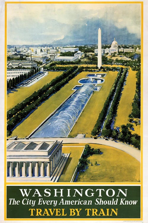 Vintage Travel Poster For Washington DC, Travel By Train, Circa 1930