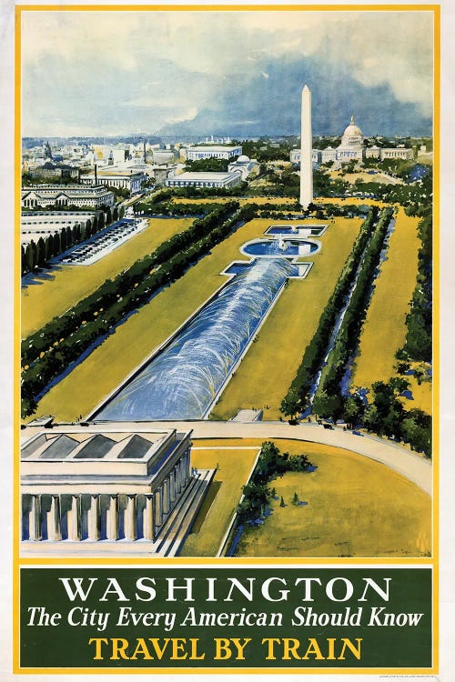 Vintage Travel Poster For Washington DC, Travel By Train, Circa 1930