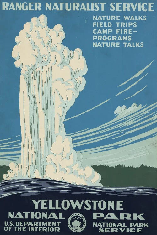 Vintage Travel Poster For Yellowstone National Park, Shows Old Faithful Erupting, Circa 1938