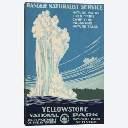Vintage Travel Poster For Yellowstone National Park, Shows Old Faithful Erupting, Circa 1938 Canvas Print #TRK3997} by Stocktrek Images Canvas Art