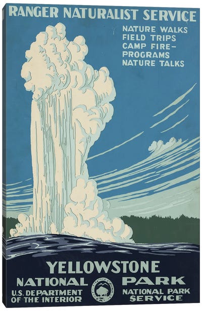 Vintage Travel Poster For Yellowstone National Park, Shows Old Faithful Erupting, Circa 1938 Canvas Art Print