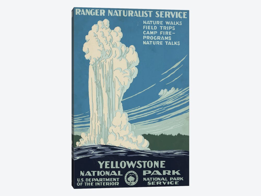 Vintage Travel Poster For Yellowstone National Park, Shows Old Faithful Erupting, Circa 1938 by Stocktrek Images 1-piece Canvas Print