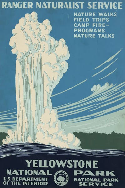 Yellowstone National Park: Vintage Travel Poster For Yellowstone National Park, Shows Old Faithful Erupting, Circa 1938 by Stocktrek Images
