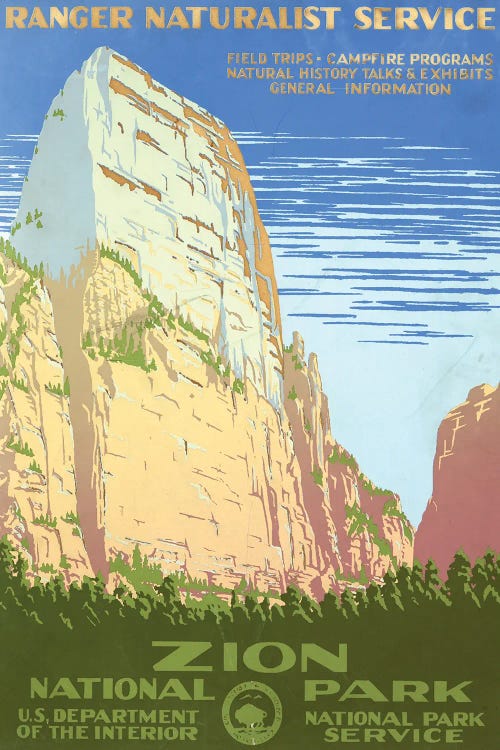 Vintage Travel Poster For Zion National Park, Shows View Of A Cliff At Zion National Park, Circa 1938