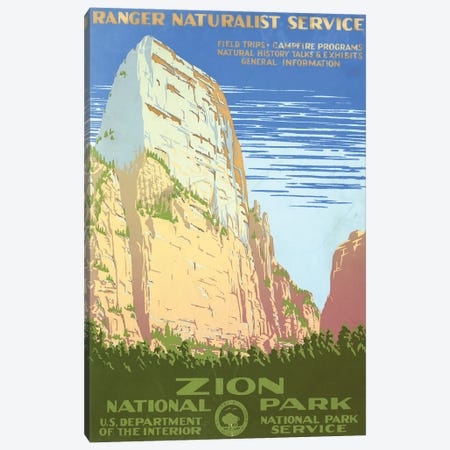 Vintage Travel Poster For Zion National Park, Shows View Of A Cliff At Zion National Park, Circa 1938 Canvas Print #TRK3998} by Stocktrek Images Canvas Print