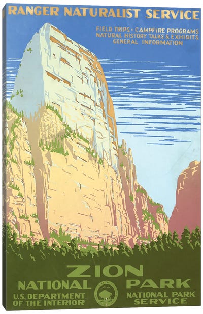 Vintage Travel Poster For Zion National Park, Shows View Of A Cliff At Zion National Park, Circa 1938 Canvas Art Print - Vintage Travel Posters