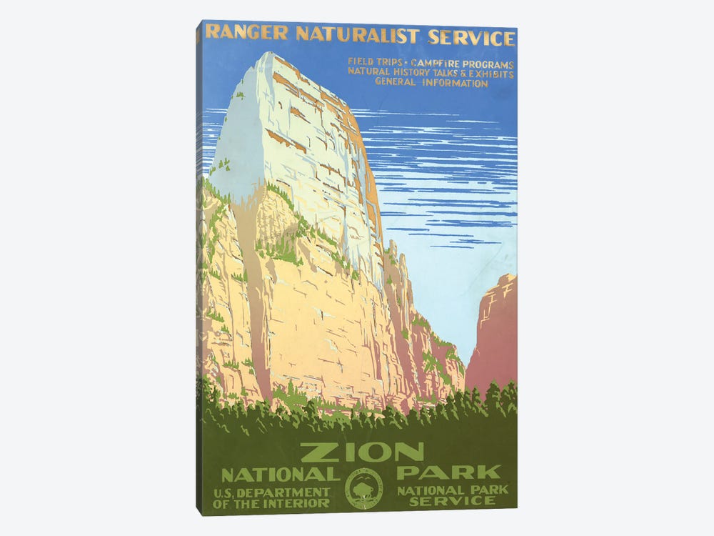 Vintage Travel Poster For Zion National Park, Shows View Of A Cliff At Zion National Park, Circa 1938 by Stocktrek Images 1-piece Canvas Artwork