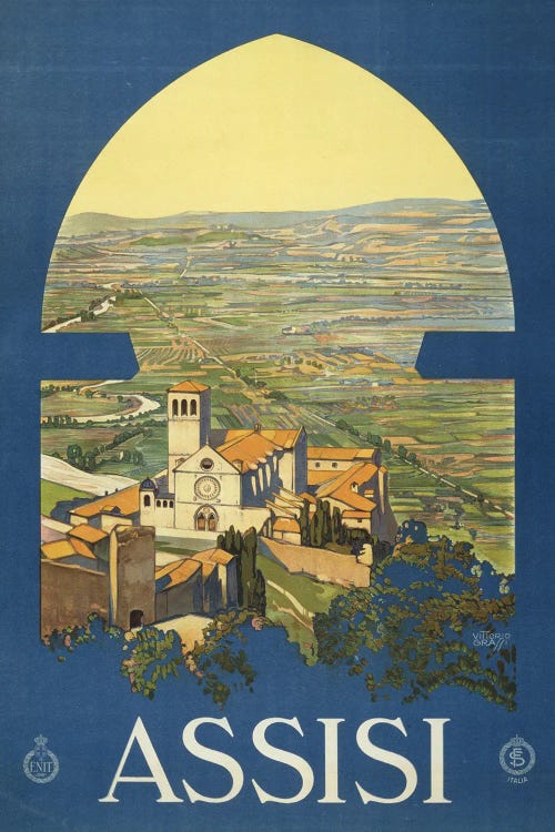 Vintage Travel Poster Of Assisi, Italy, And The Countryside As If From A Window In A Tower, Circa 1920