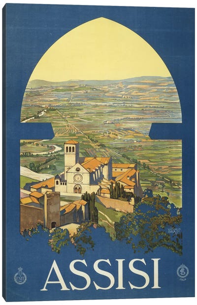 Vintage Travel Poster Of Assisi, Italy, And The Countryside As If From A Window In A Tower, Circa 1920 Canvas Art Print - Vintage Travel Posters