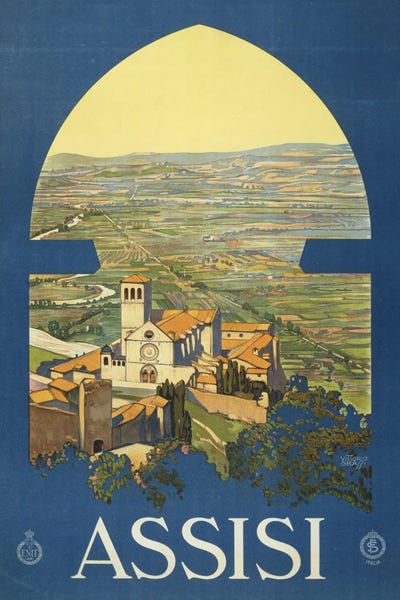 Vintage Travel Posters: Vintage Travel Poster Of Assisi, Italy, And The Countryside As If From A Window In A Tower, Circa 1920 by Stocktrek Images