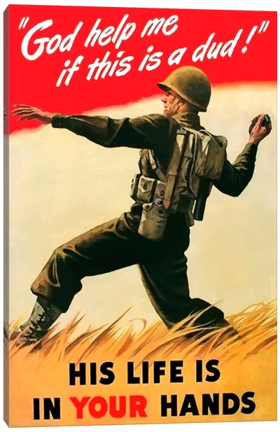 An American Soldier Tossing A Grenade Vintage War Poster Canvas Art Print
