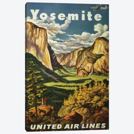 Vintage Travel Poster Overlooking Yosemite Falls And Yosemite National Park, Circa 1945 Canvas Print #TRK4000} by Stocktrek Images Canvas Wall Art