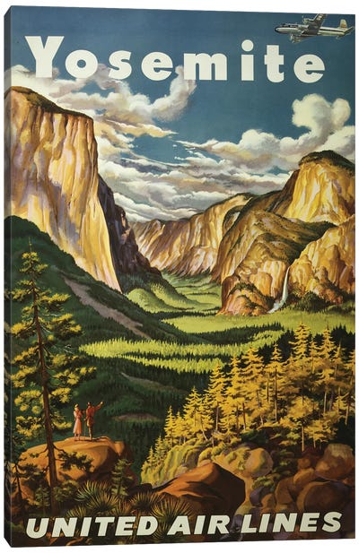 Vintage Travel Poster Overlooking Yosemite Falls And Yosemite National Park, Circa 1945 Canvas Art Print - Yosemite National Park Art