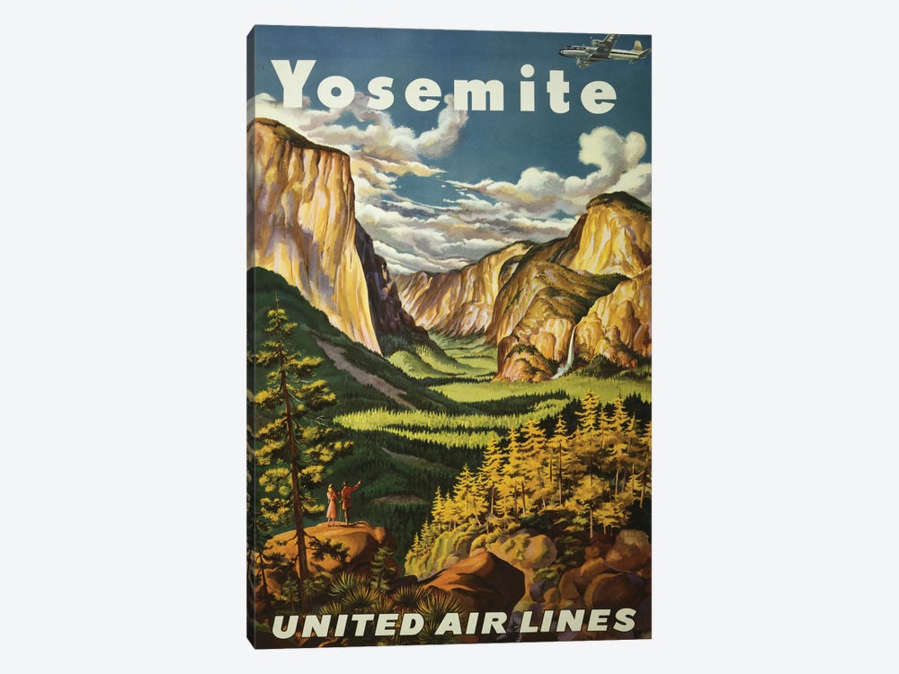 Vintage Travel Poster Overlooking Yosemite Falls And Yosemite National Park, Circa 1945 by Stocktrek Images 1-piece Canvas Art Print