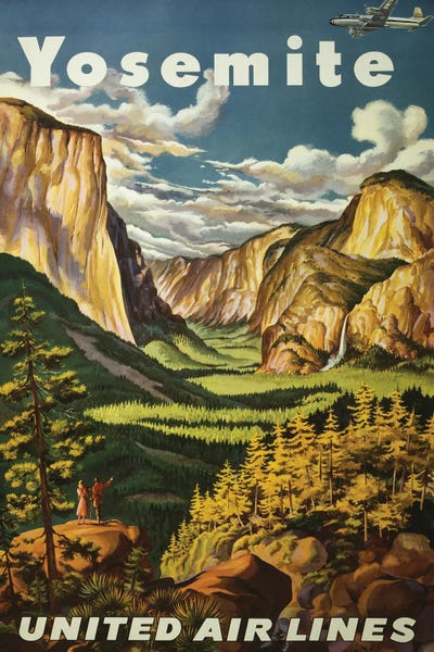 Yosemite National Park: Vintage Travel Poster Overlooking Yosemite Falls And Yosemite National Park, Circa 1945 by Stocktrek Images