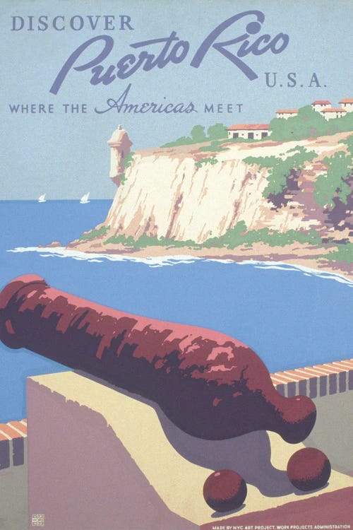 Vintage Travel Poster Promoting Puerto Rico For Tourism, Showing View Of Harbor From Morro Castle by Stocktrek Images wall art