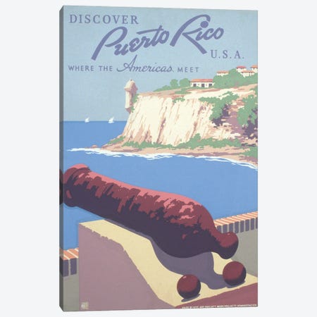 Vintage Travel Poster Promoting Puerto Rico For Tourism, Showing View Of Harbor From Morro Castle Canvas Print #TRK4001} by Stocktrek Images Canvas Artwork