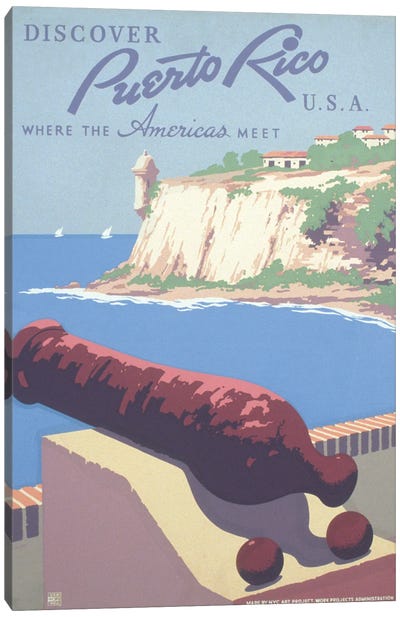 Vintage Travel Poster Promoting Puerto Rico For Tourism, Showing View Of Harbor From Morro Castle Canvas Art Print