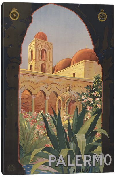Vintage Travel Poster Showing A Garden Courtyard With Arcade And Tower, Palermo, Italy, Circa 1920 Canvas Art Print - Vintage Travel Posters