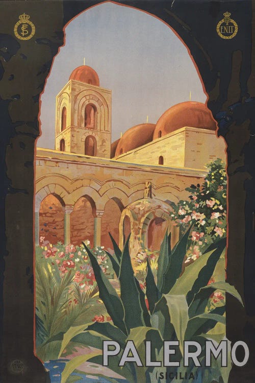 Vintage Travel Poster Showing A Garden Courtyard With Arcade And Tower, Palermo, Italy, Circa 1920