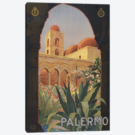 Vintage Travel Poster Showing A Garden Courtyard With Arcade And Tower, Palermo, Italy, Circa 1920 Canvas Print #TRK4005} by Stocktrek Images Canvas Print