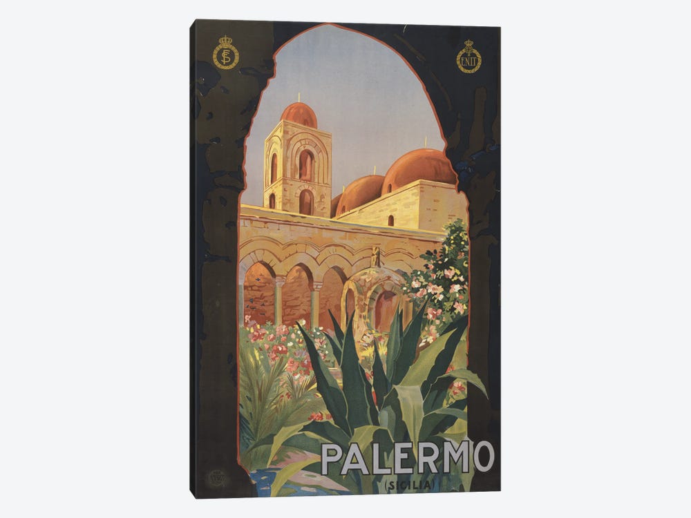 Vintage Travel Poster Showing A Garden Courtyard With Arcade And Tower, Palermo, Italy, Circa 1920 by Stocktrek Images 1-piece Canvas Wall Art