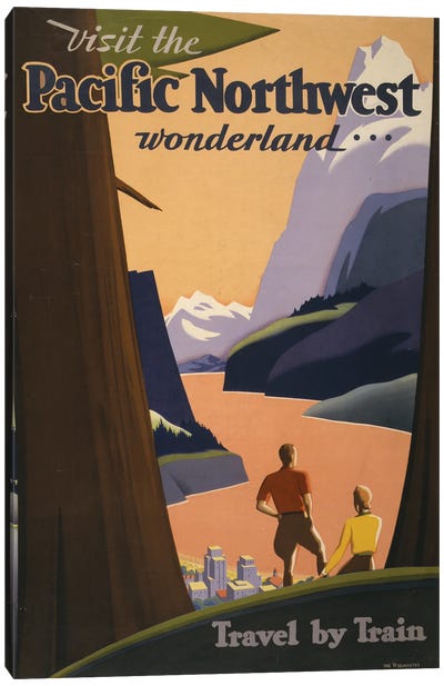 Vintage Travel Poster Showing A Man And Woman Looking Out Over Mountains From Among Redwood Trees, Circa 1925 Canvas Art Print - Vintage Travel Posters
