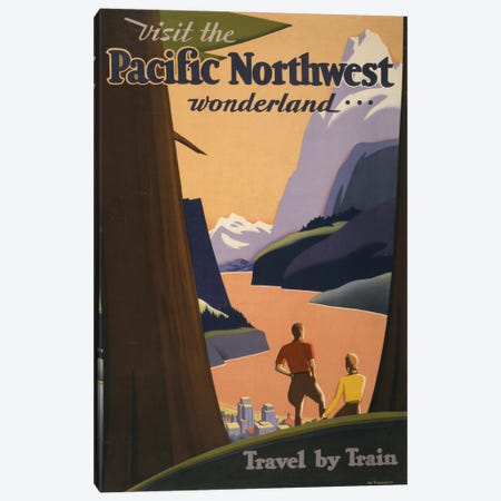 Vintage Travel Poster Showing A Man And Woman Looking Out Over Mountains From Among Redwood Trees, Circa 1925 Canvas Print #TRK4006} by Stocktrek Images Art Print