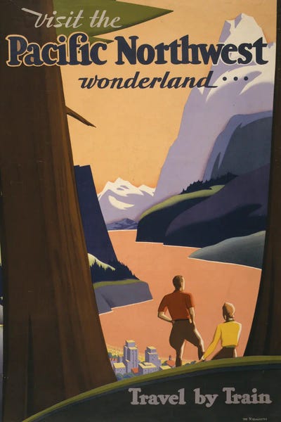 Vintage Travel Posters: Vintage Travel Poster Showing A Man And Woman Looking Out Over Mountains From Among Redwood Trees, Circa 1925 by Stocktrek Images