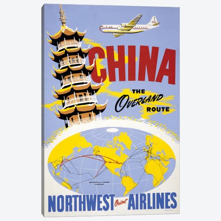 Vintage Travel Poster Showing A Pagoda And An Airplane, Above A Northwest Orient Airlines System Map, Circa 1950 Canvas Print #TRK4007} by Stocktrek Images Art Print