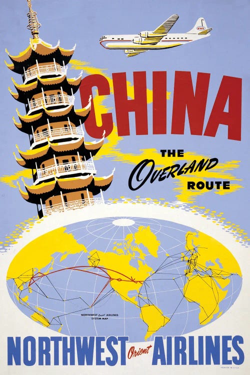 Vintage Travel Poster Showing A Pagoda And An Airplane, Above A Northwest Orient Airlines System Map, Circa 1950