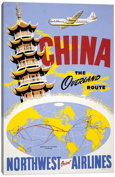 Vintage Travel Poster Showing A Pagoda And An Airplane, Above A Northwest Orient Airlines System Map, Circa 1950 Canvas Art Print - Perano Art