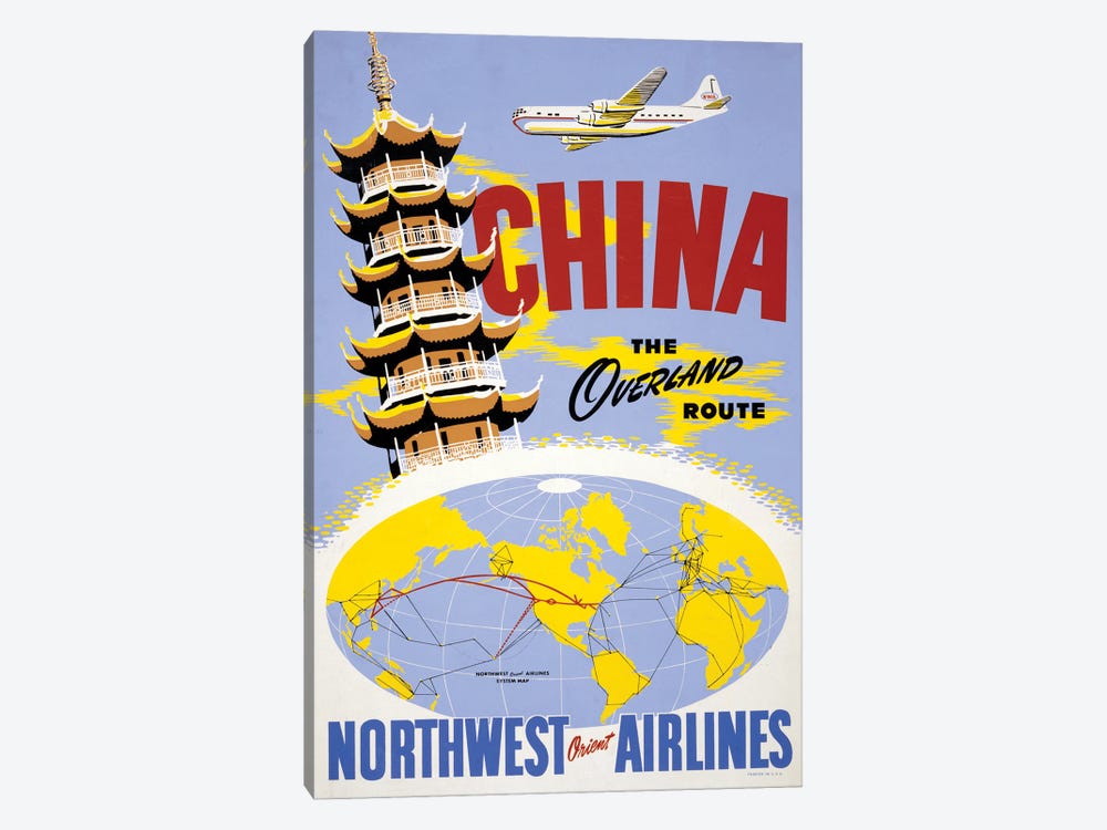 Vintage Travel Poster Showing A Pagoda And An Airplane, Above A Northwest Orient Airlines System Map, Circa 1950 by Stocktrek Images 1-piece Canvas Art