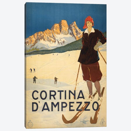 Vintage Travel Poster Showing A Woman Posed On Ski Slopes At Cortina D'Ampezzo, Circa 1920 Canvas Print #TRK4008} by Stocktrek Images Canvas Artwork