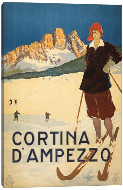 Vintage Travel Poster Showing A Woman Posed On Ski Slopes At Cortina D'Ampezzo, Circa 1920 Canvas Art Print - Skiing Art