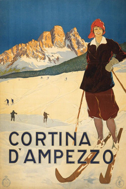 Vintage Travel Poster Showing A Woman Posed On Ski Slopes At Cortina D'Ampezzo, Circa 1920