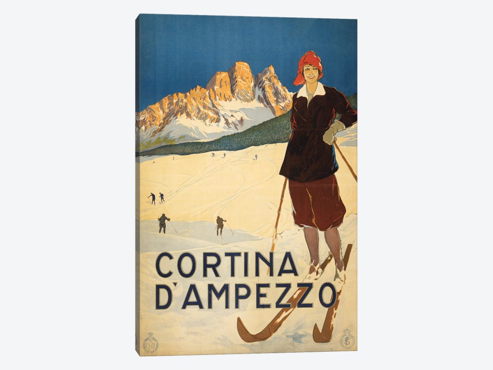 Vintage Travel Poster Showing A Woman Posed On Ski Slopes At Cortina D'Ampezzo, Circa 1920 by Stocktrek Images 1-piece Canvas Print