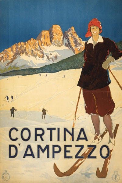 Stocktrek Images: Vintage Travel Poster Showing A Woman Posed On Ski Slopes At Cortina D'Ampezzo, Circa 1920 by Stocktrek Images