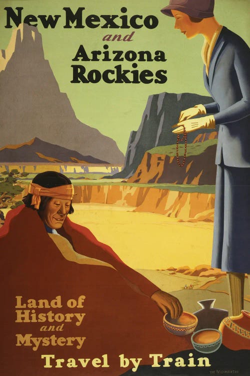 Vintage Travel Poster Showing A Woman Purchasing Beads And Pottery From A Native American Man, Circa 1920