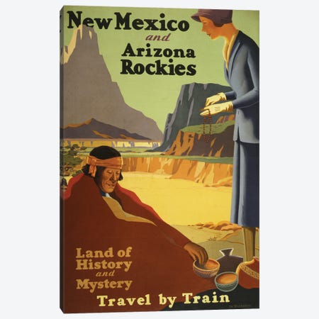 Vintage Travel Poster Showing A Woman Purchasing Beads And Pottery From A Native American Man, Circa 1920 Canvas Print #TRK4009} by Stocktrek Images Canvas Wall Art
