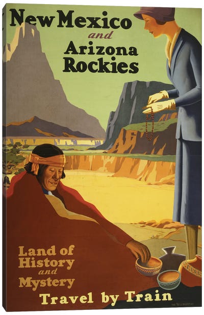 Vintage Travel Poster Showing A Woman Purchasing Beads And Pottery From A Native American Man, Circa 1920 Canvas Art Print