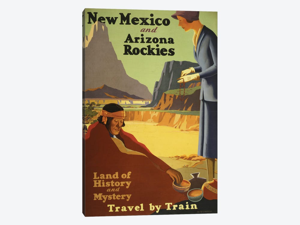Vintage Travel Poster Showing A Woman Purchasing Beads And Pottery From A Native American Man, Circa 1920 by Stocktrek Images 1-piece Canvas Art