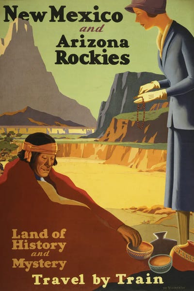 Vintage Travel Posters: Vintage Travel Poster Showing A Woman Purchasing Beads And Pottery From A Native American Man, Circa 1920 by Stocktrek Images