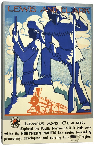 Vintage Travel Poster Showing Silhouettes Of Lewis And Clark With Steam Train In Foreground, Circa 1920 Canvas Art Print