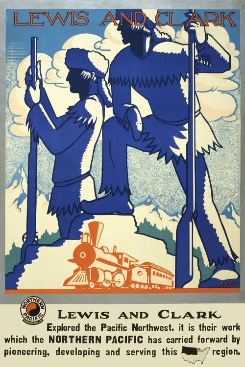 Vintage Travel Poster Showing Silhouettes Of Lewis And Clark With Steam Train In Foreground, Circa 1920