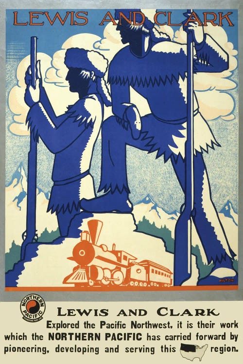 Vintage Travel Poster Showing Silhouettes Of Lewis And Clark With Steam Train In Foreground, Circa 1920