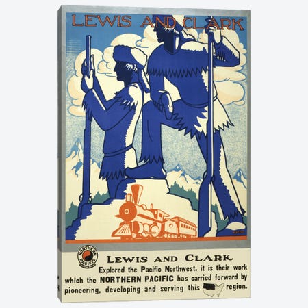 Vintage Travel Poster Showing Silhouettes Of Lewis And Clark With Steam Train In Foreground, Circa 1920 Canvas Print #TRK4011} by Stocktrek Images Canvas Art Print