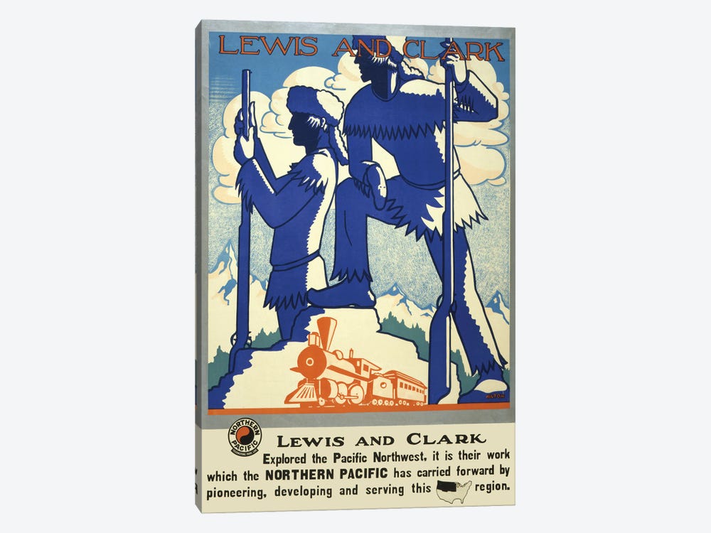 Vintage Travel Poster Showing Silhouettes Of Lewis And Clark With Steam Train In Foreground, Circa 1920 by Stocktrek Images 1-piece Art Print